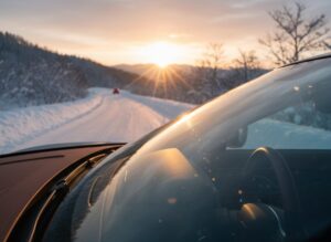 長野の冬の高速道路を走る高級車のフロントガラス。飛来する氷片や飛び石による破損を防ぐフロントガラス専用プロテクションフィルムの効果をイメージし、クリアな視界と高い安全性を強調したカット。